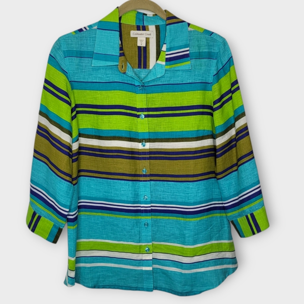 Coldwater Creek Linen Button Front Shirt 8P Blue Green Striped